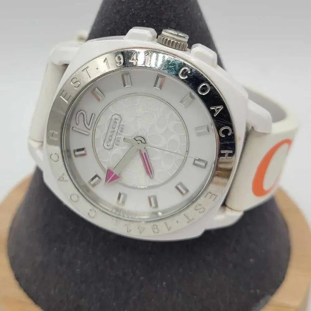 Coach Silver Tone Boyfriend Watch with Logo White Silicone Band NWOT! Working